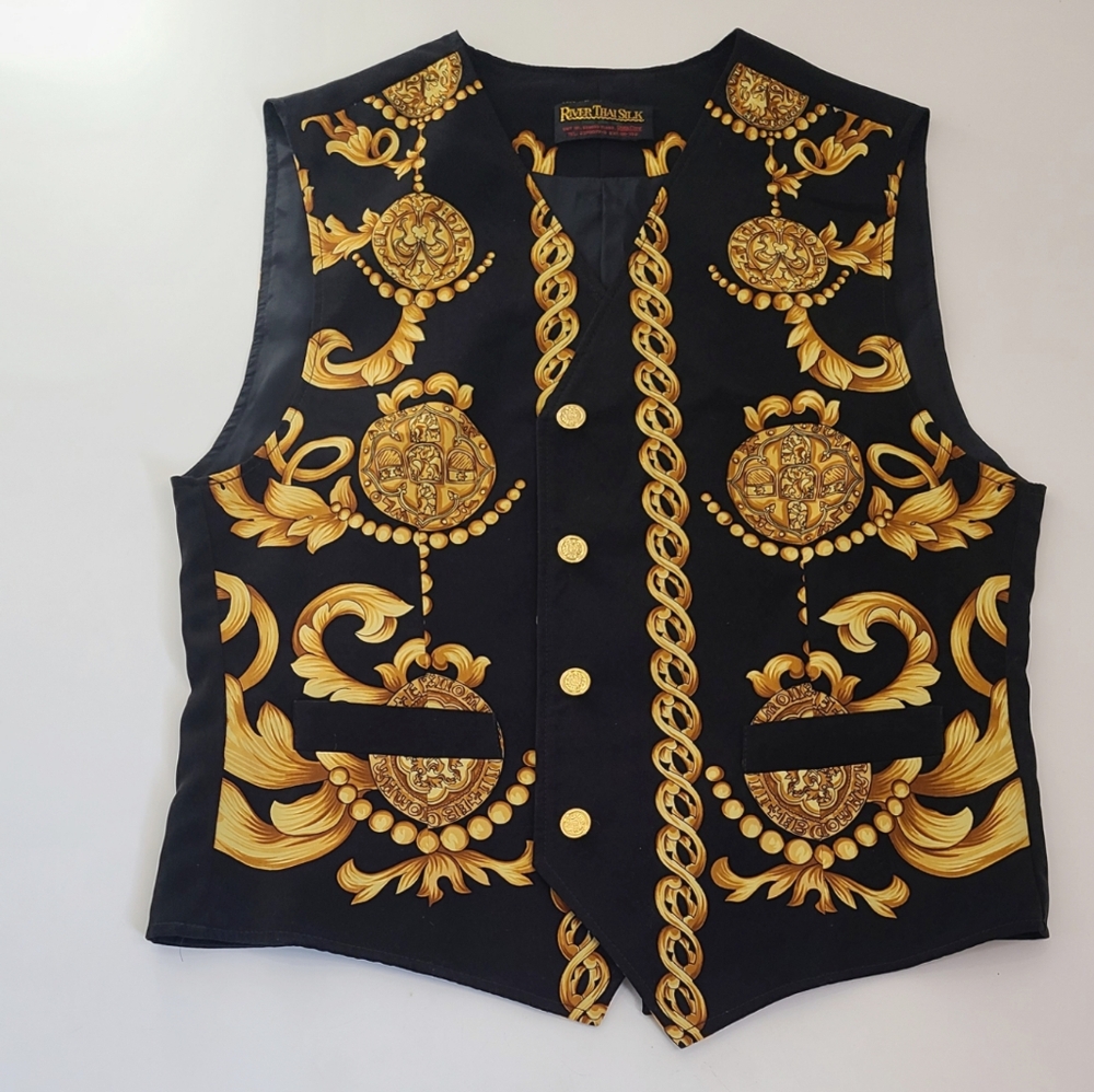 River thai yellow and black baroque print  100% silk vest‎ size small S unisex
